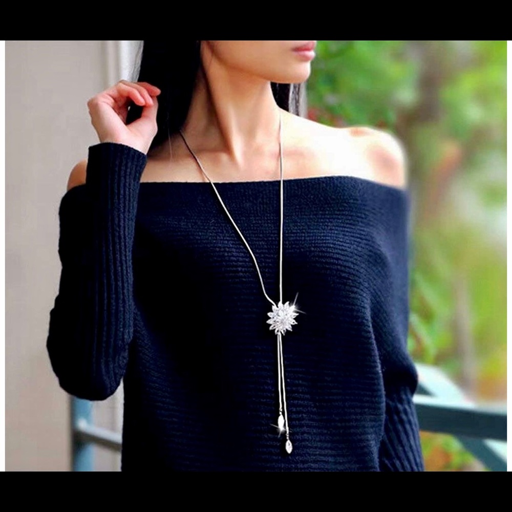 Long chain alloy rhinestone sweater necklace